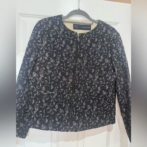 Zara Black and Gray Patterned Zip Jacket Large